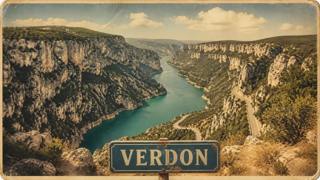 Affiche gorges du verdon, vue depuis un belvédère sur le lac et les rochers