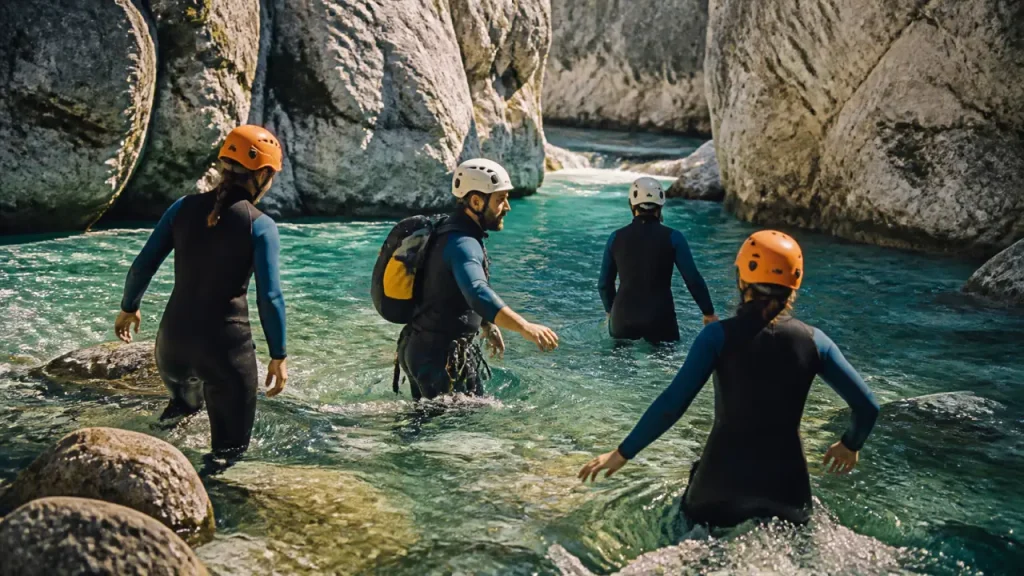 Aqua randonnée verdon : guide avec groupe dans l’eau claire