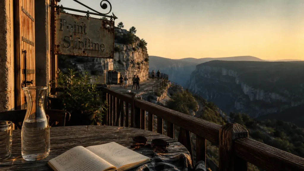 Auberge du point sublime dans les gorges du Verdon, vue au golden hour