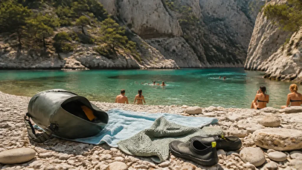 Baignade gorges du Verdon : crique turquoise et baigneurs