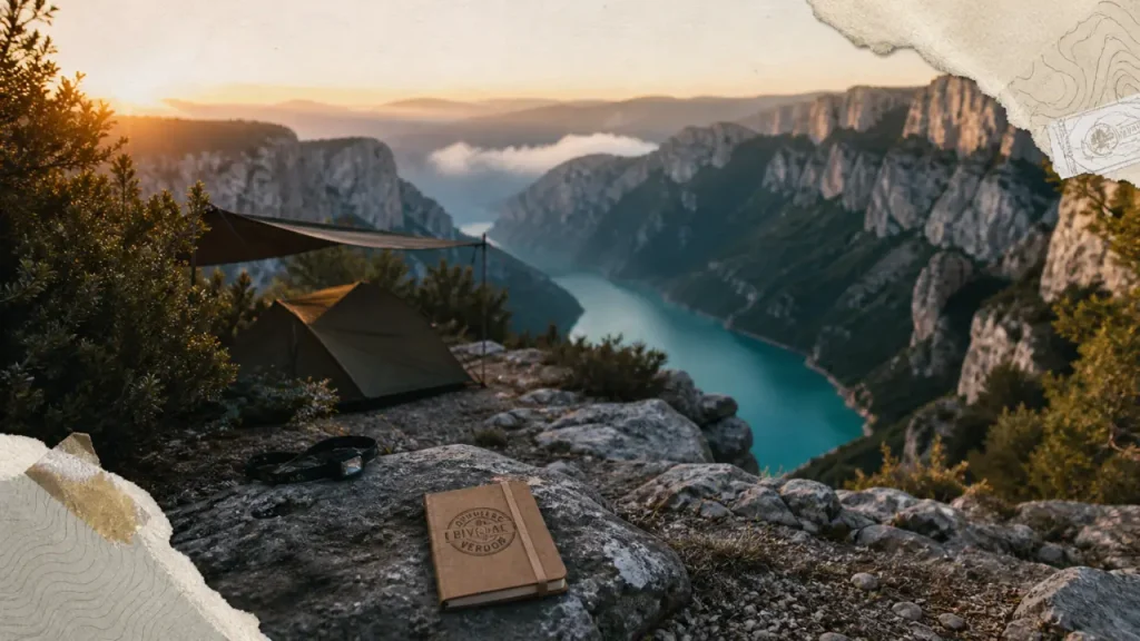 bivouac gorges du verdon : tente discrète au lever du jour