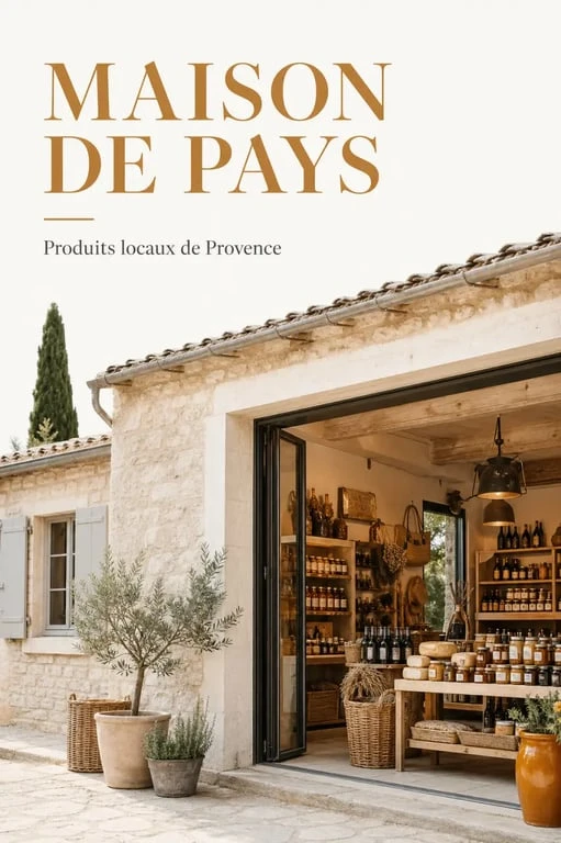Maison de pays produits du terroir avec étals de miel, confitures, fromages et artisanat local
