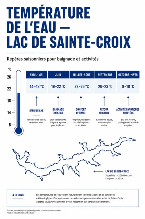 température eau lac de sainte croix selon les saisons, avec repères de baignade et activités conseillées