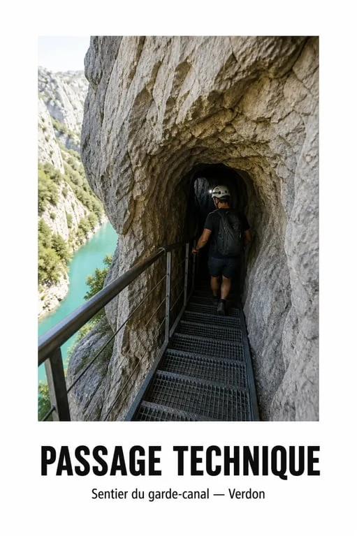 Randonnée canal du verdon : tunnel et escalier métallique sur le sentier du garde-canal