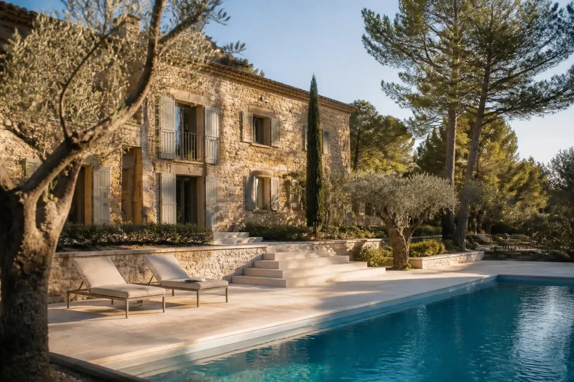 La Bastide des Calades vue extérieure avec terrasse et piscine en Provence