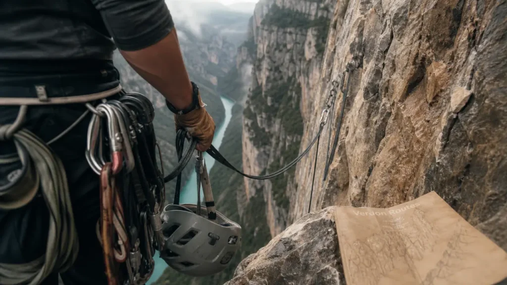 Escalade gorges du Verdon : grimpeur sur rocher calcaire humide