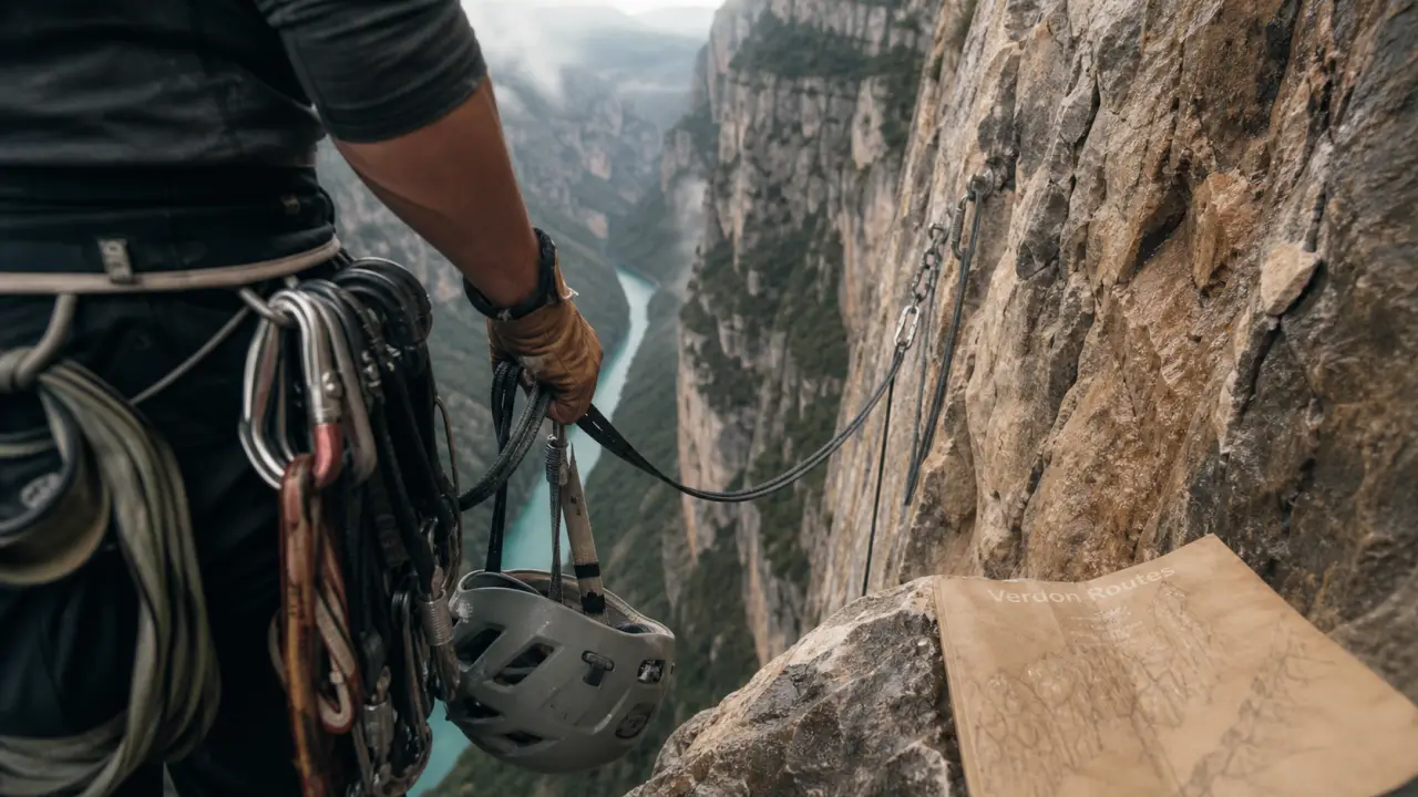 Escalade gorges du Verdon : grimpeur sur rocher calcaire humide