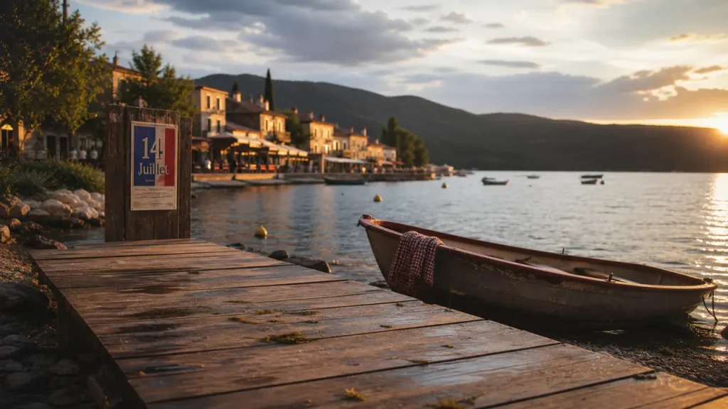 Fête du lac Sainte-Croix : vue du quai au coucher du soleil, ambiance lac