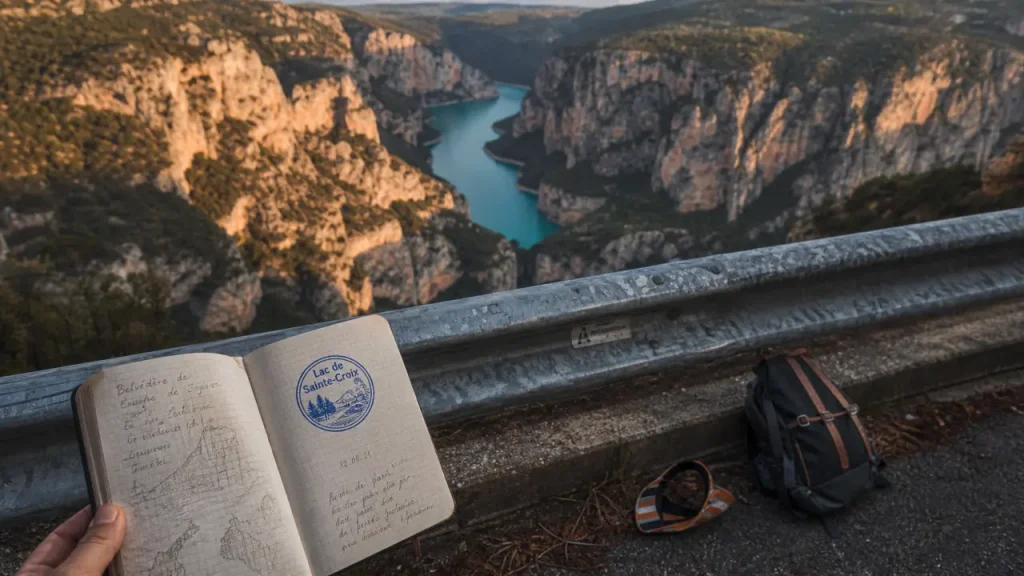 Gorges du Verdon : belvédère sur le lac de Sainte-Croix, eau turquoise et falaises rouges