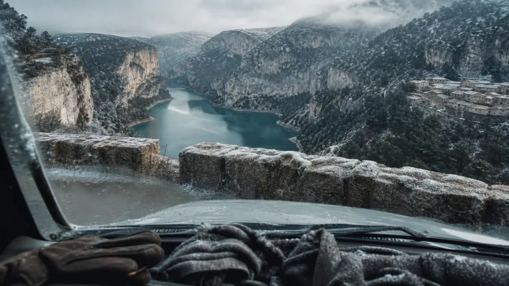 Gorges du Verdon en hiver, route panoramique à La Palud-sur-Verdon, givre et lac