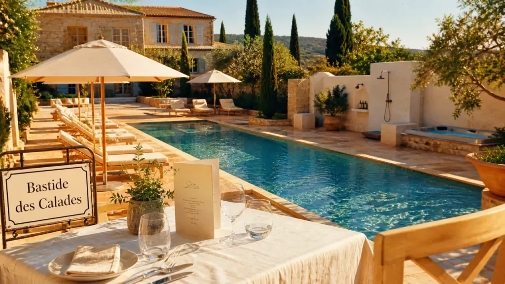 La Bastide des Calades : vue terrasse, piscine 7 x 15 m et murs provençaux