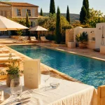 La Bastide des Calades : vue terrasse, piscine 7 x 15 m et murs provençaux