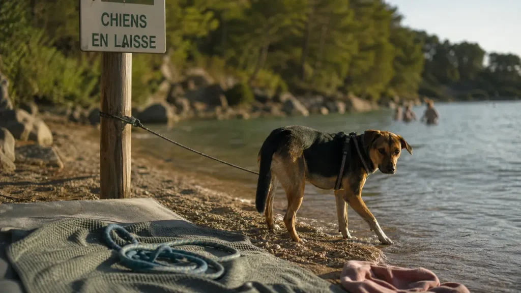 lac de sainte croix chien sur une plage, laisse et eau