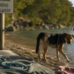 lac de sainte croix chien sur une plage, laisse et eau