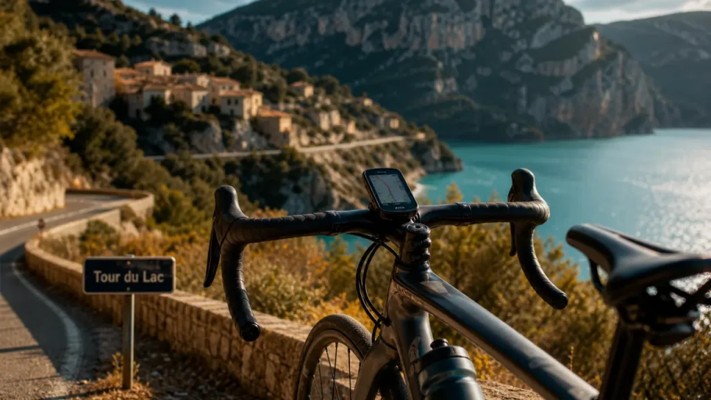lac sainte croix vélo sur route sinueuse au Verdon, vélo et lac