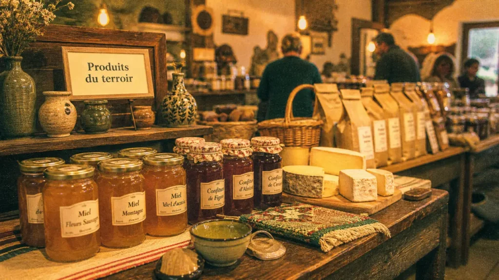 Maison de pays produits du terroir : étal en bois avec miel, confitures et fromages