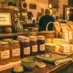 Maison de pays produits du terroir : étal en bois avec miel, confitures et fromages