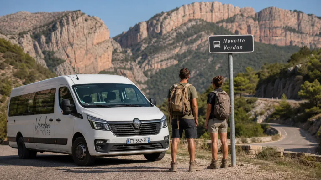 Navettes gorges du Verdon : randonneurs devant un arrêt de navette