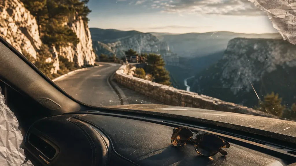 SUV sur la route des crêtes, vue des gorges du Verdon depuis La Palud-sur-Verdon