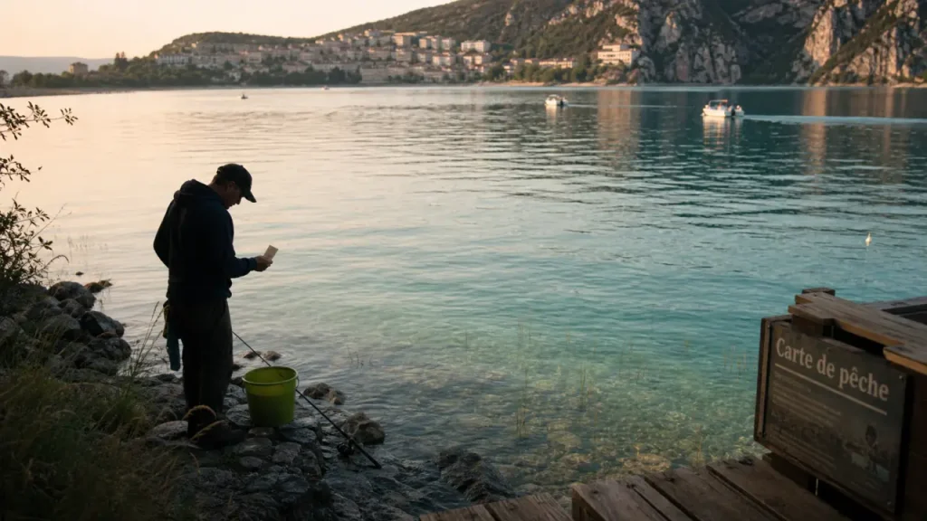 Pêche lac de Sainte-Croix : pêcheur avec carte près de l’eau au bord du lac