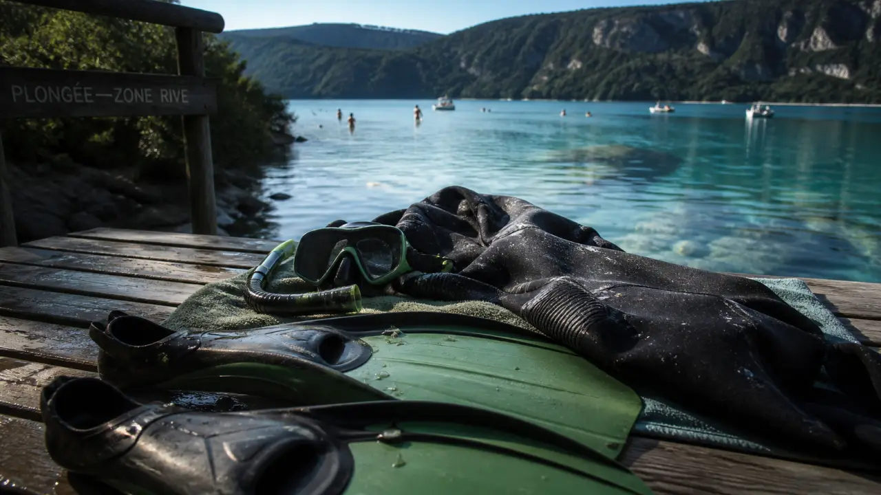 Plongée lac sainte croix : masque et palmes près d’un ponton