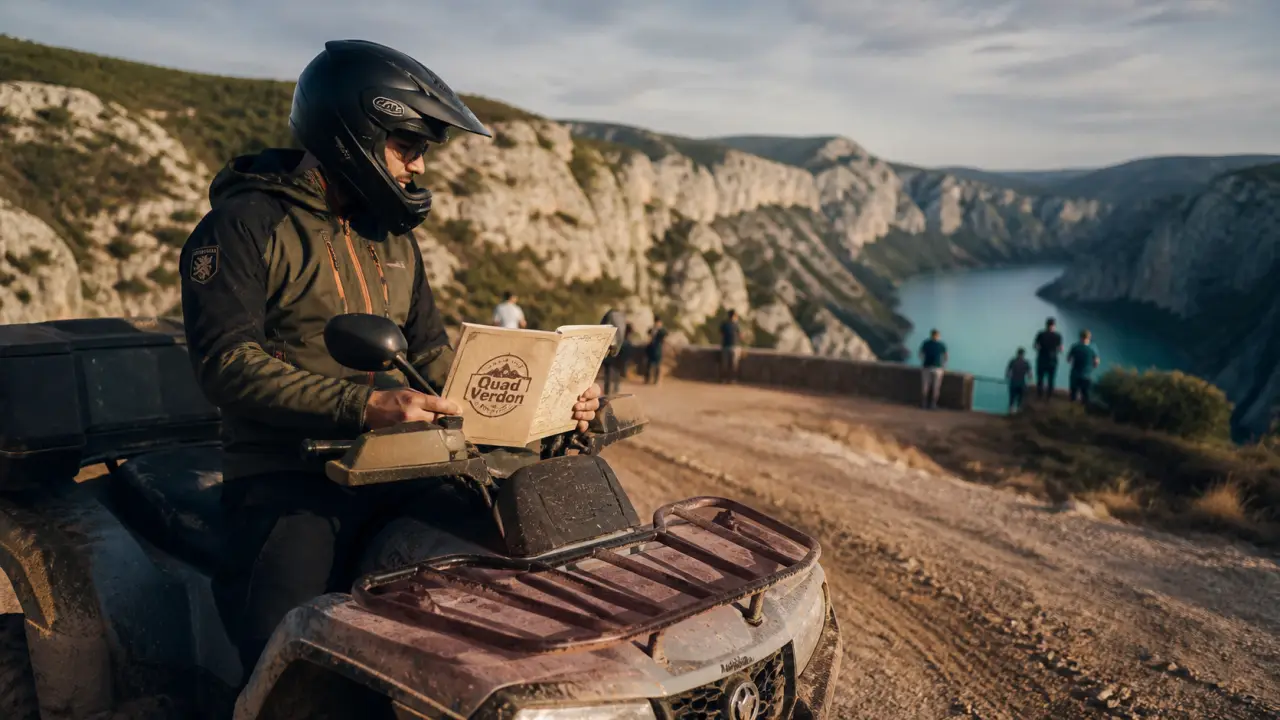 Quad gorges du Verdon sur piste autorisée, falaises et belvédère turquoise