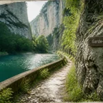 Randonnée canal du verdon : sentier près du garde-canal à Quinson, eau turquoise et paroi calcaire.