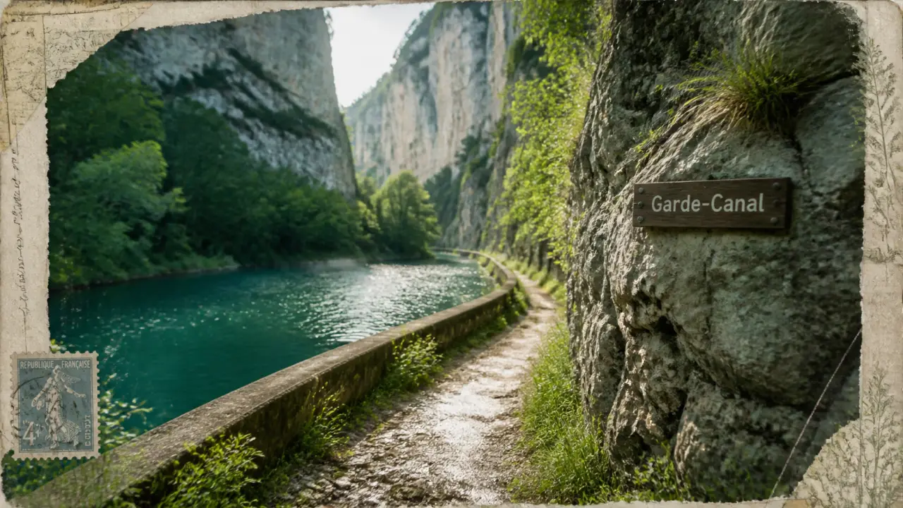 Randonnée canal du verdon : sentier près du garde-canal à Quinson, eau turquoise et paroi calcaire.
