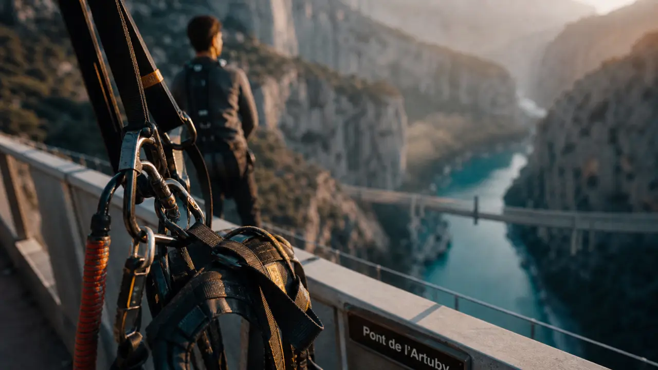 Saut à l'élastique gorges du Verdon, harnais et cordes sur le pont