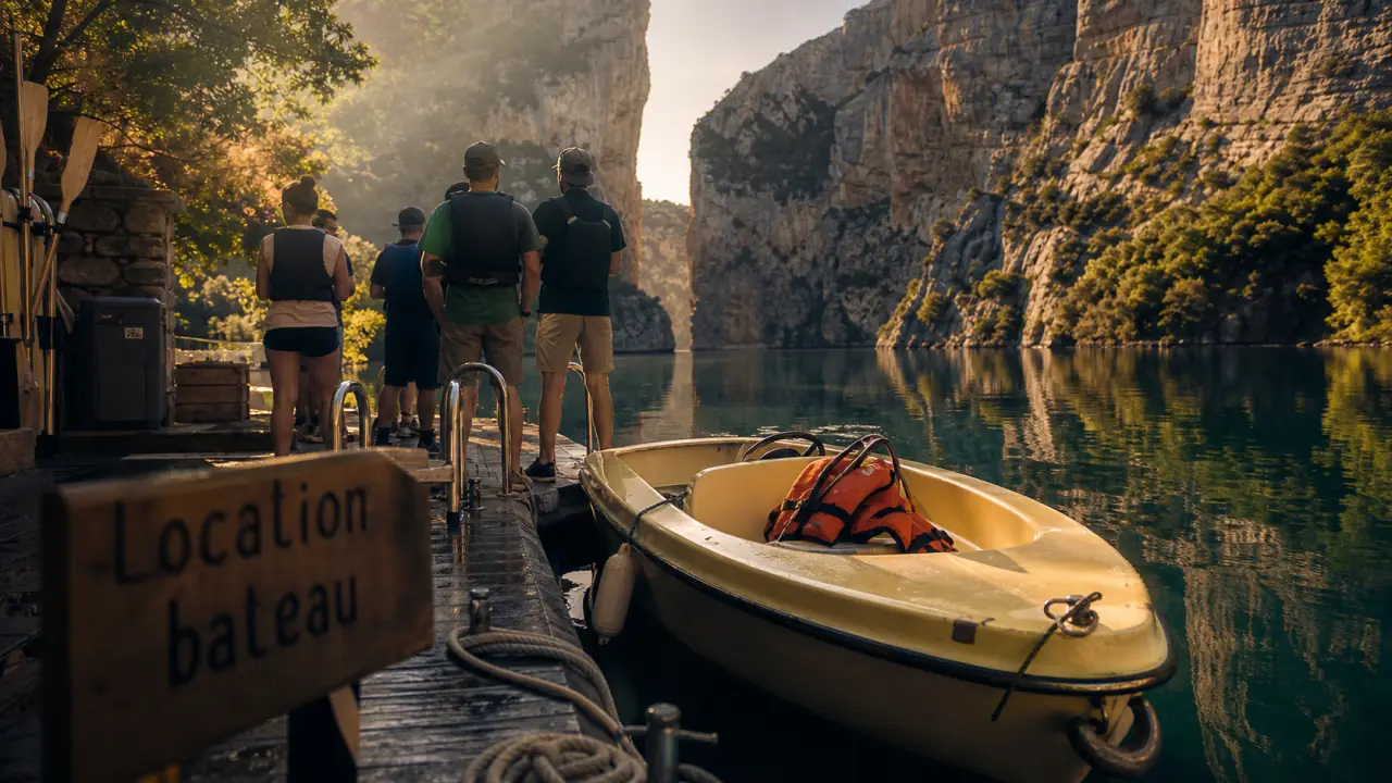 Bateau électrique au quai pour surf center location de bateaux et snack dans les Gorges du Verdon