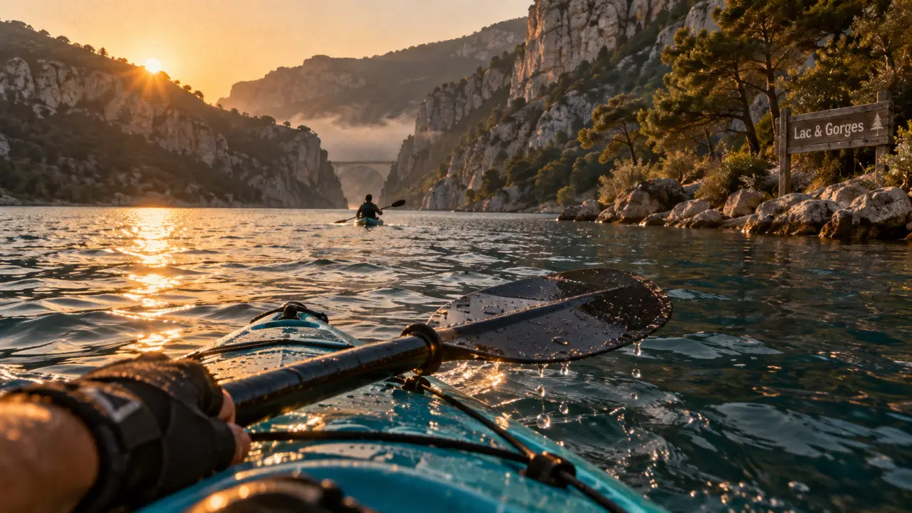 Activite gorges du verdon en kayak sur eau turquoise, falaises du canyon