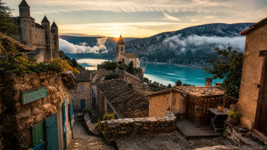 Aiguines, village perché : chapelle Saint-Pierre et lac de Sainte-Croix