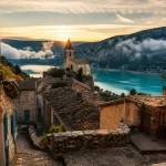 Aiguines, village perché : chapelle Saint-Pierre et lac de Sainte-Croix