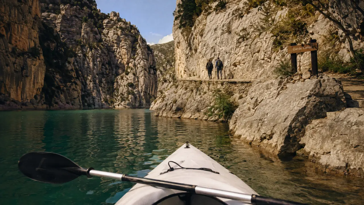 Kayak dans les basse gorges du Verdon, eau vert émeraude et panneau Garde Canal