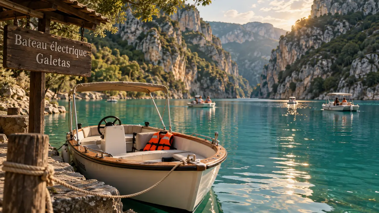 Bateau electrique gorges du verdon amarré au Pont du Galetas