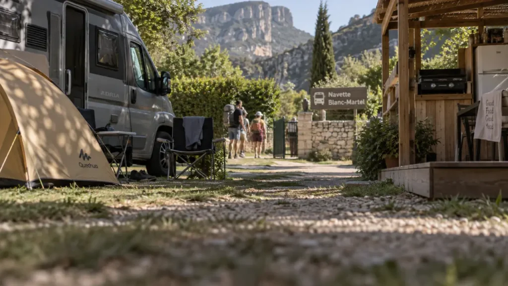 Camping bourbon verdon La Palud-sur-Verdon : camping-car et tente près de la terrasse