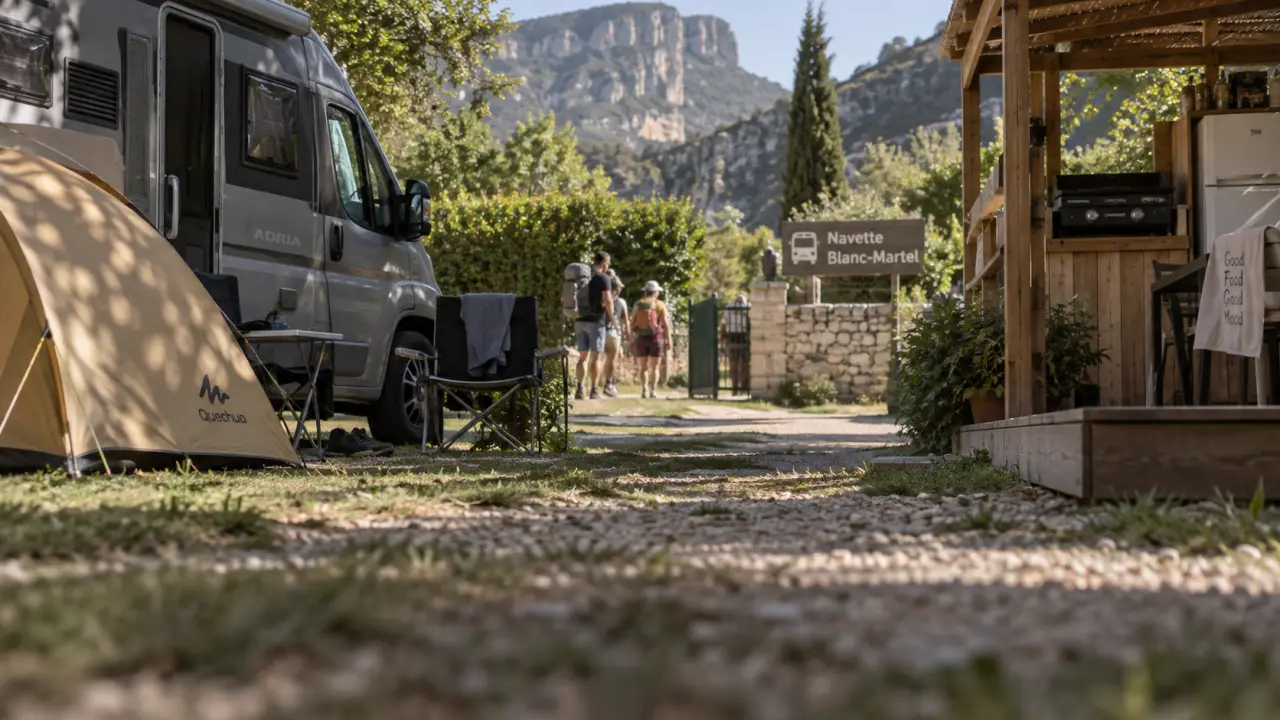 Camping bourbon verdon La Palud-sur-Verdon : camping-car et tente près de la terrasse