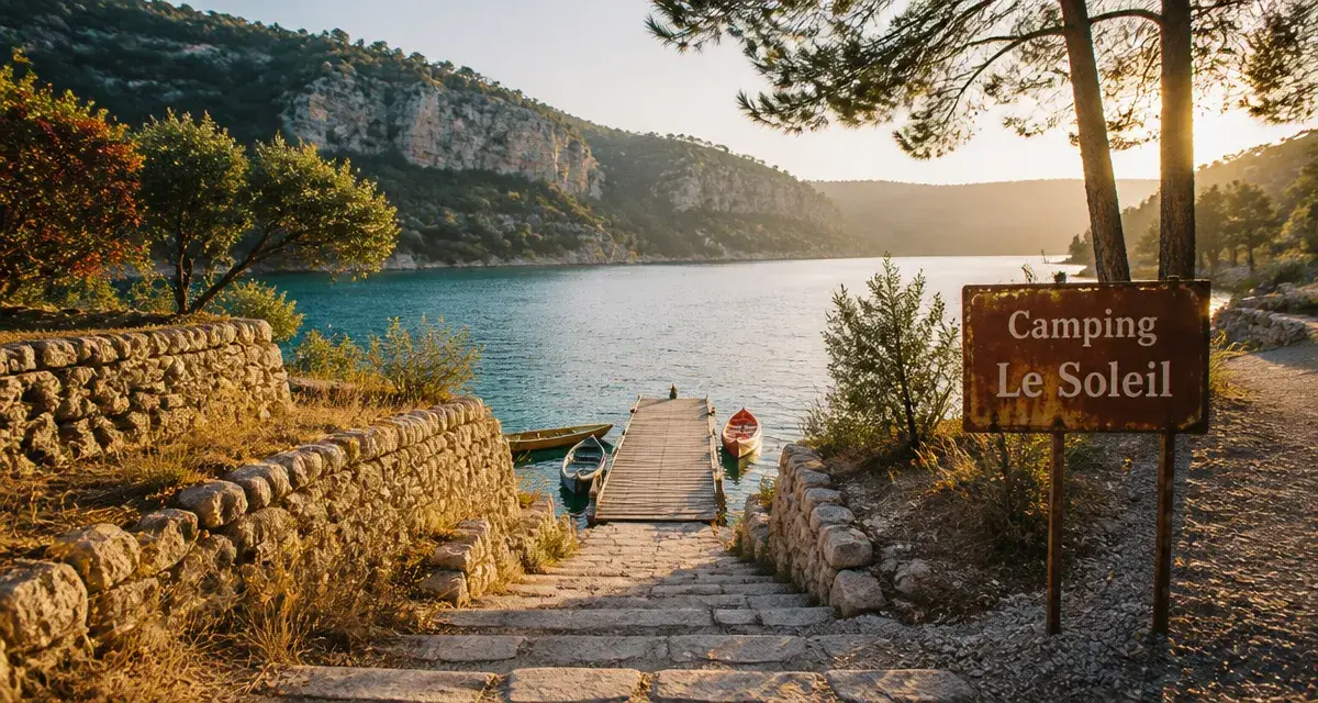 Camping du soleil esparron de verdon : ponton bois vers le lac turquoise