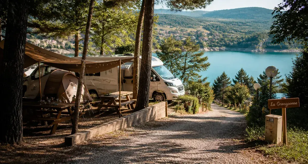 camping esparron de verdon la grangeonne, vue lac depuis emplacements ombragés