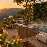 Camping avec jacuzzi privatif Verdon, terrasse avec jacuzzi extérieur