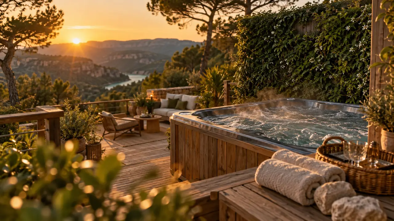 Camping avec jacuzzi privatif Verdon, terrasse avec jacuzzi extérieur