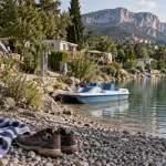 Camping lac de sainte croix les roches : plage de galets et mobil-homes au bord du lac