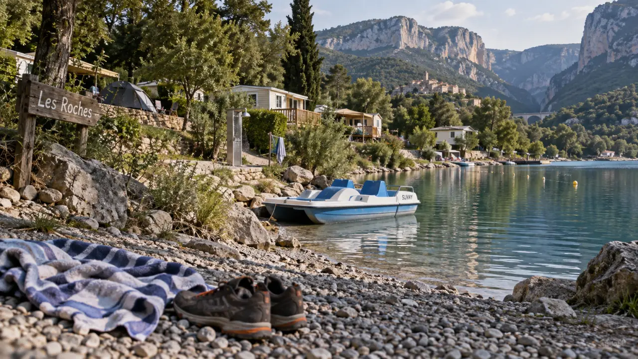 Camping lac de sainte croix les roches : plage de galets et mobil-homes au bord du lac