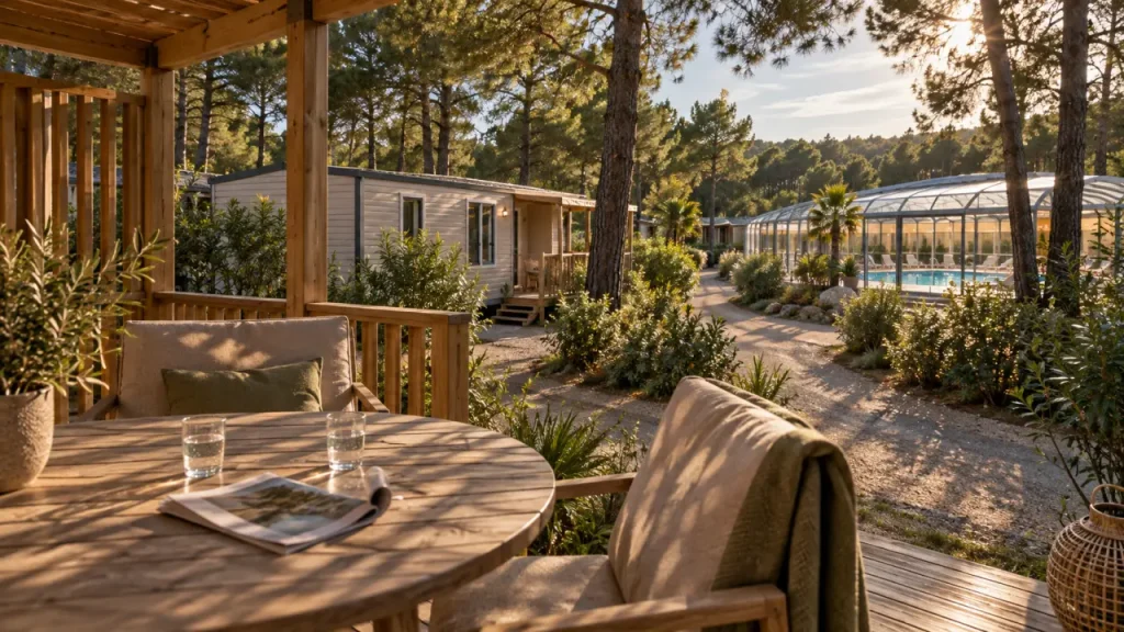 Camping le bois verdon : terrasse en bois et piscine couverte chauffée