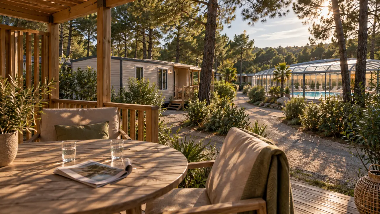 Camping le bois verdon : terrasse en bois et piscine couverte chauffée