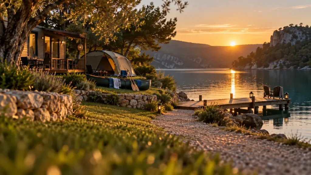 Camping le soleil esparron de verdon au bord du lac, mobil-home et canoë