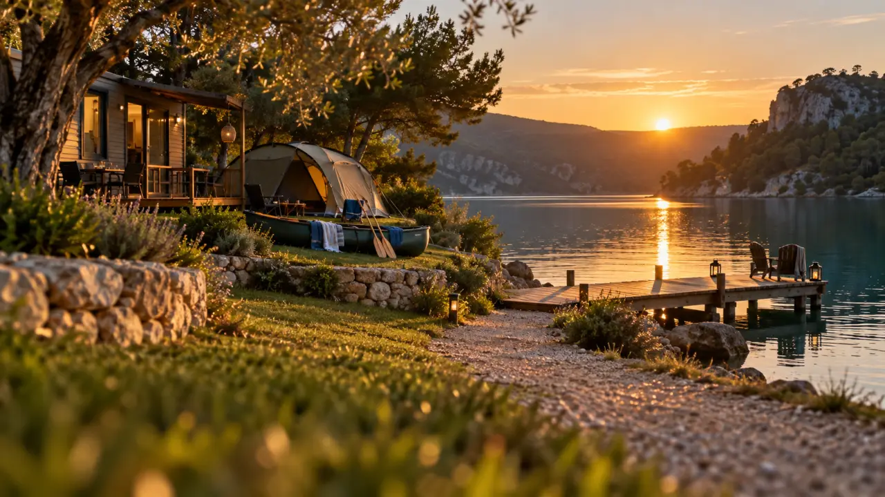 Camping le soleil esparron de verdon au bord du lac, mobil-home et canoë