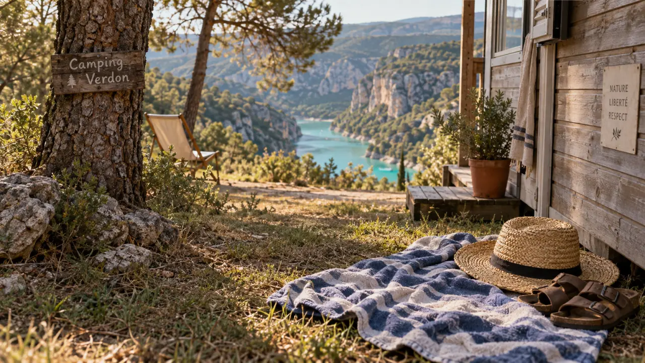 Camping naturiste gorges du verdon, serviette sur l’herbe près du mobil-home, eau turquoise au loin