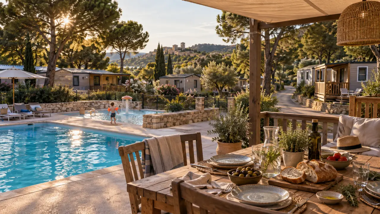 Camping Rose de Provence Verdon : terrasse, piscine chauffée et mobil-homes