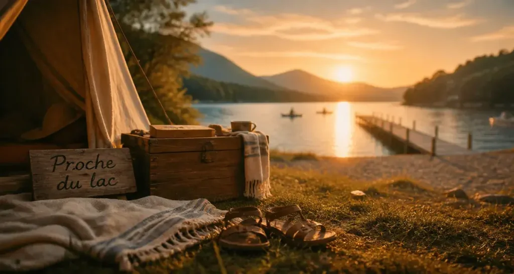 camping verdon lac sainte croix, tente près de l’eau au coucher du soleil